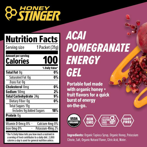 Honey Stinger Energy Gel, Miel Y Electrolitos 24pz/31gr Sfn Granada/acai pomegranate