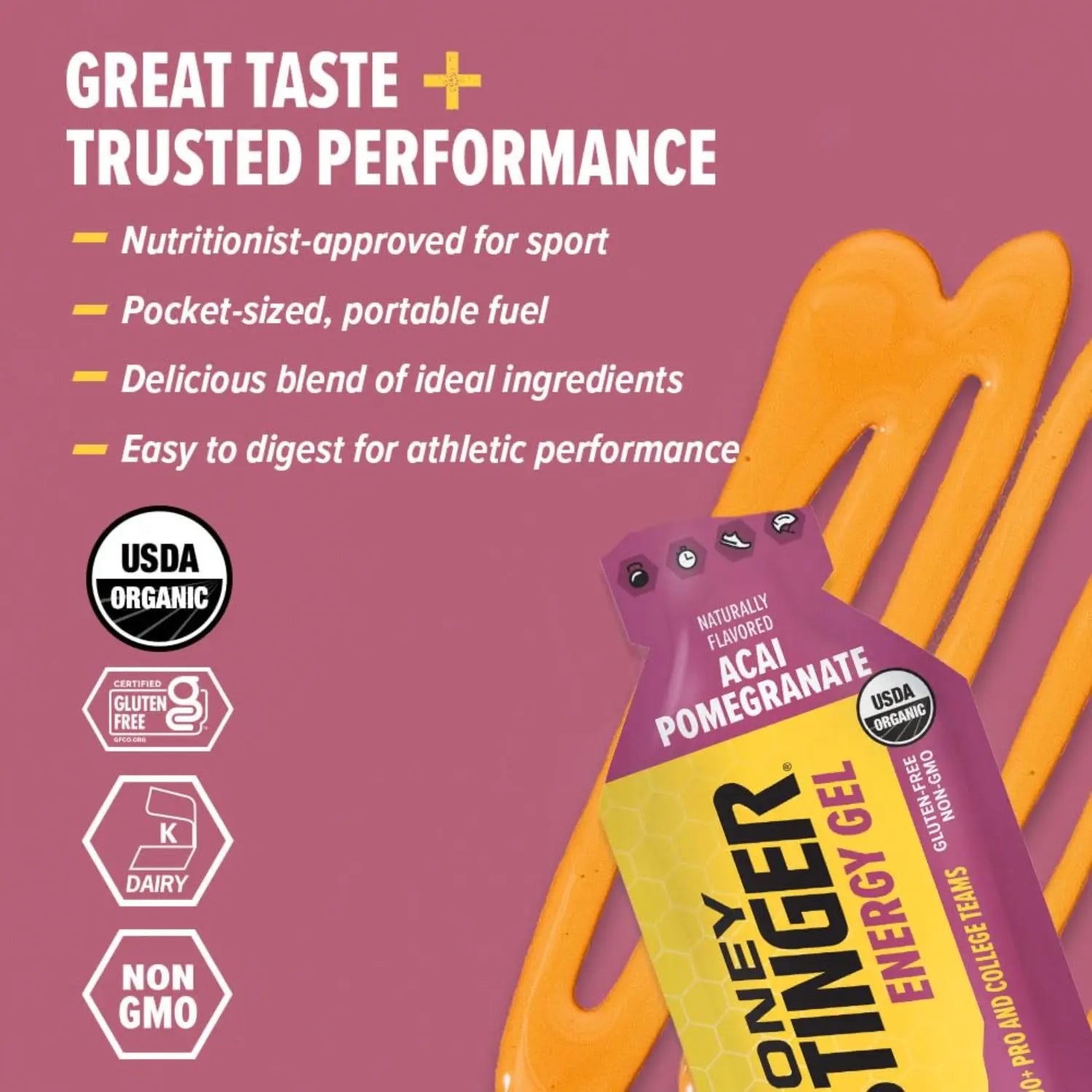 Honey Stinger Energy Gel, Miel Y Electrolitos 24pz/31gr Sfn Granada/acai pomegranate