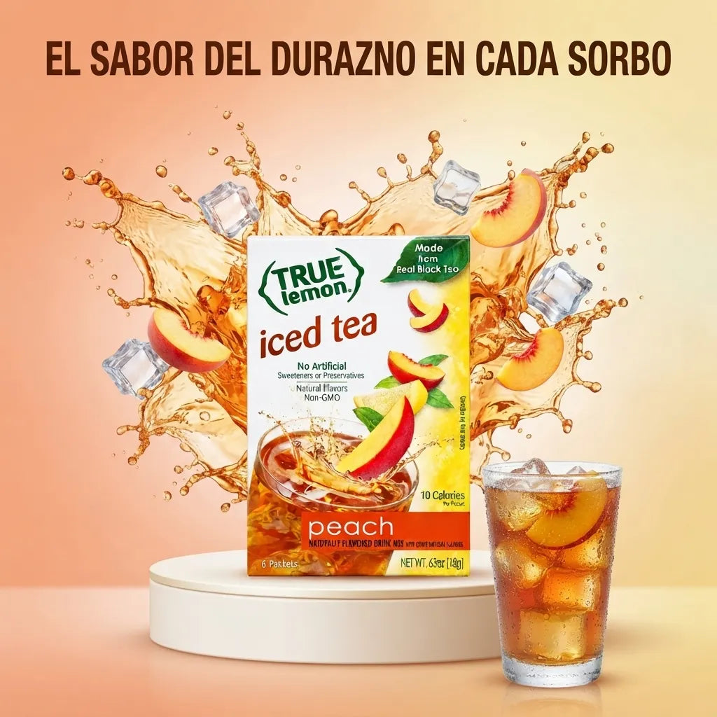 True Lemon Peach Iced Tea - Mezcla de Bebida en Polvo True Citrus | Hecho con Té Negro Real | Sabor Natural a Melocotón sin Edulcorantes Artificiales | Suplemento Alimenticio / Bebida Instantánea