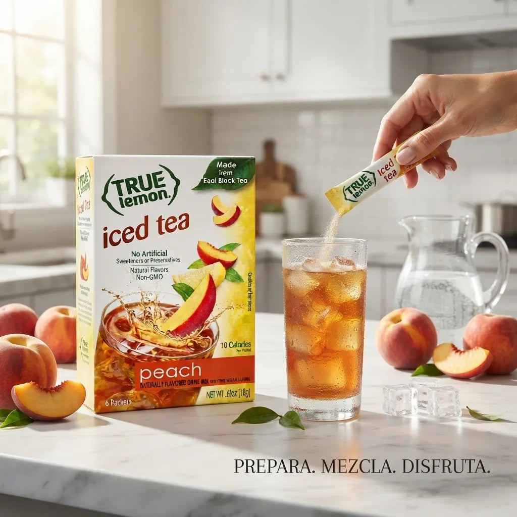 True Lemon Peach Iced Tea - Mezcla de Bebida en Polvo True Citrus | Hecho con Té Negro Real | Sabor Natural a Melocotón sin Edulcorantes Artificiales | Suplemento Alimenticio / Bebida Instantánea