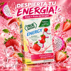 True Lemon Energy Fruta de Dragón y Fresa 16.2 g | 6 Sobres | 120 mg de Cafeína por Porción | 90 mg de Vitamina C | 0 Calorías y 0 g de Azúcar | Mezcla para Bebida