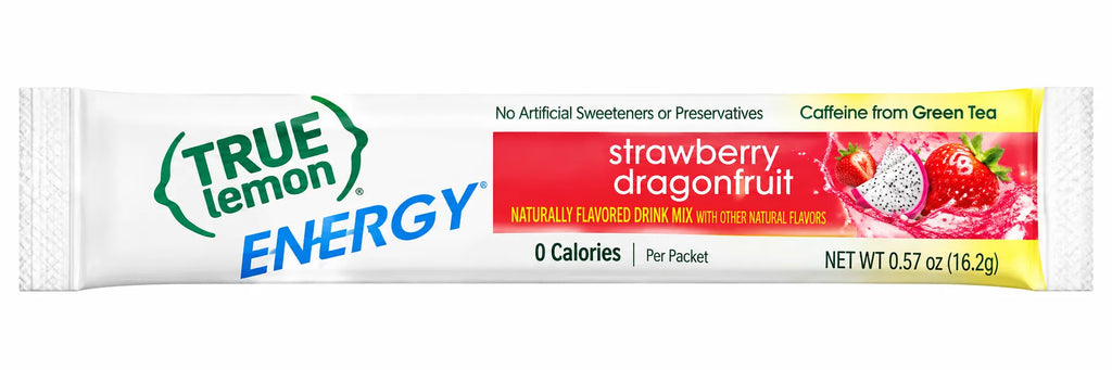 True Lemon Energy Fruta de Dragón y Fresa 16.2 g | 6 Sobres | 120 mg de Cafeína por Porción | 90 mg de Vitamina C | 0 Calorías y 0 g de Azúcar | Mezcla para Bebida