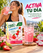 True Lemon Energy Fruta de Dragón y Fresa 16.2 g | 6 Sobres | 120 mg de Cafeína por Porción | 90 mg de Vitamina C | 0 Calorías y 0 g de Azúcar | Mezcla para Bebida