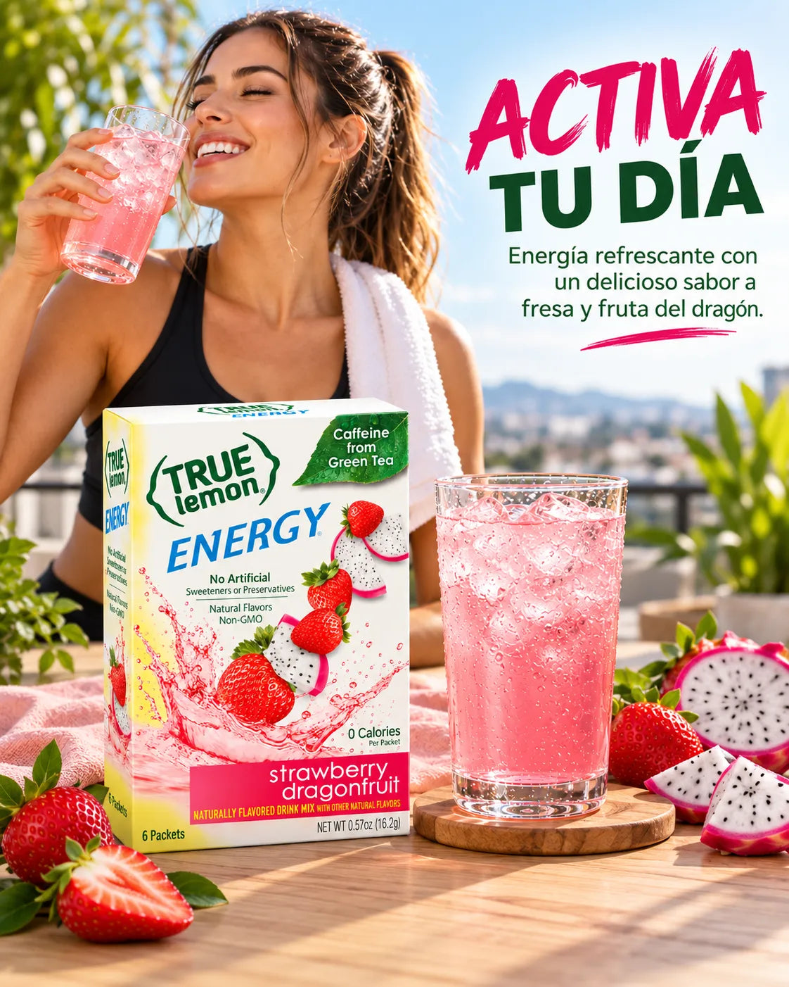 True Lemon Energy Fruta de Dragón y Fresa 16.2 g | 6 Sobres | 120 mg de Cafeína por Porción | 90 mg de Vitamina C | 0 Calorías y 0 g de Azúcar | Mezcla para Bebida