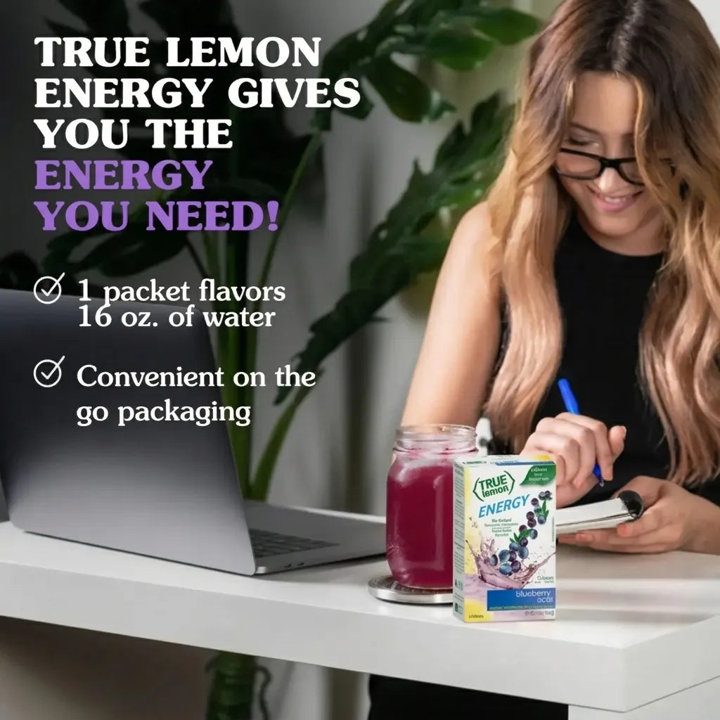 True Lemon Energy Arándano y Açaí 16.2 g | 6 Sobres | 120 mg de cafeína por porción | 90 mg de vitamina C | 0 calorías y 0 g de azúcar | Mezcla para bebida