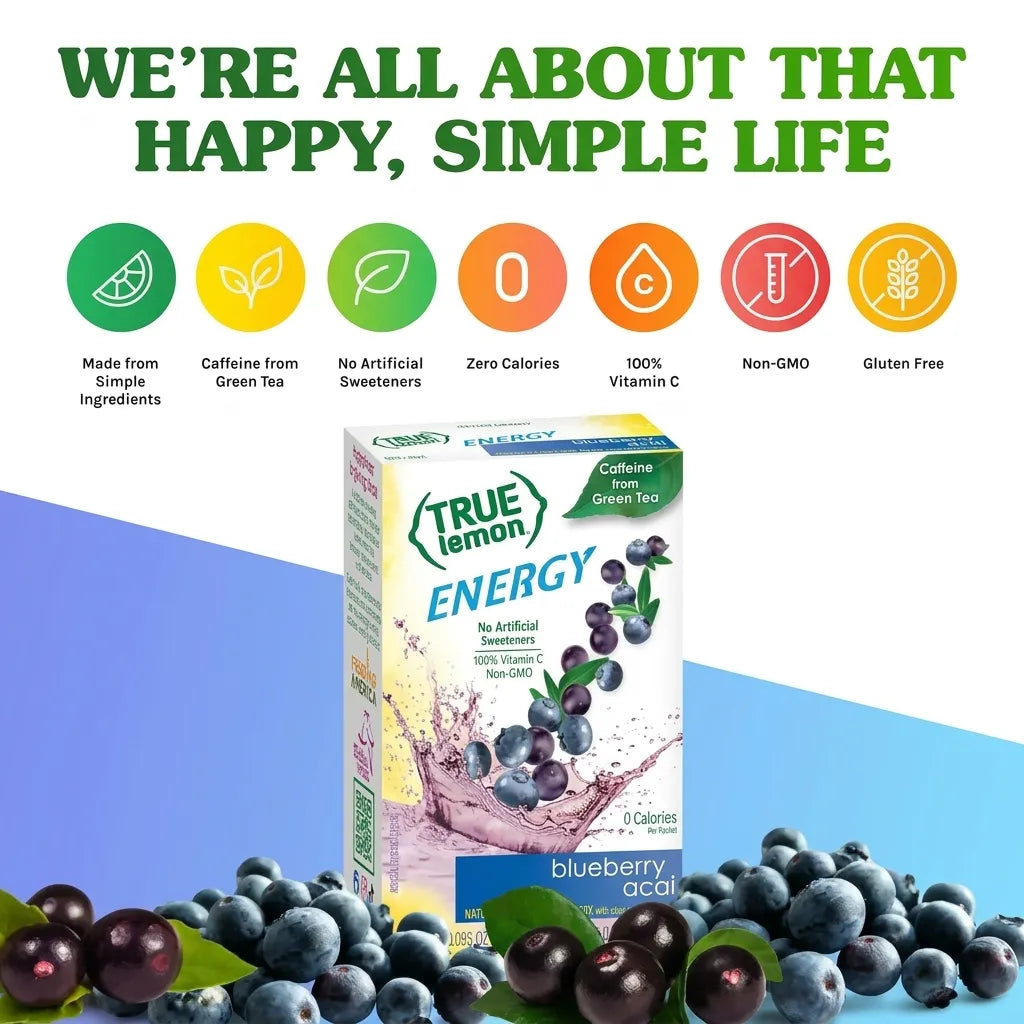 True Lemon Energy Arándano y Açaí 16.2 g | 6 Sobres | 120 mg de cafeína por porción | 90 mg de vitamina C | 0 calorías y 0 g de azúcar | Mezcla para bebida