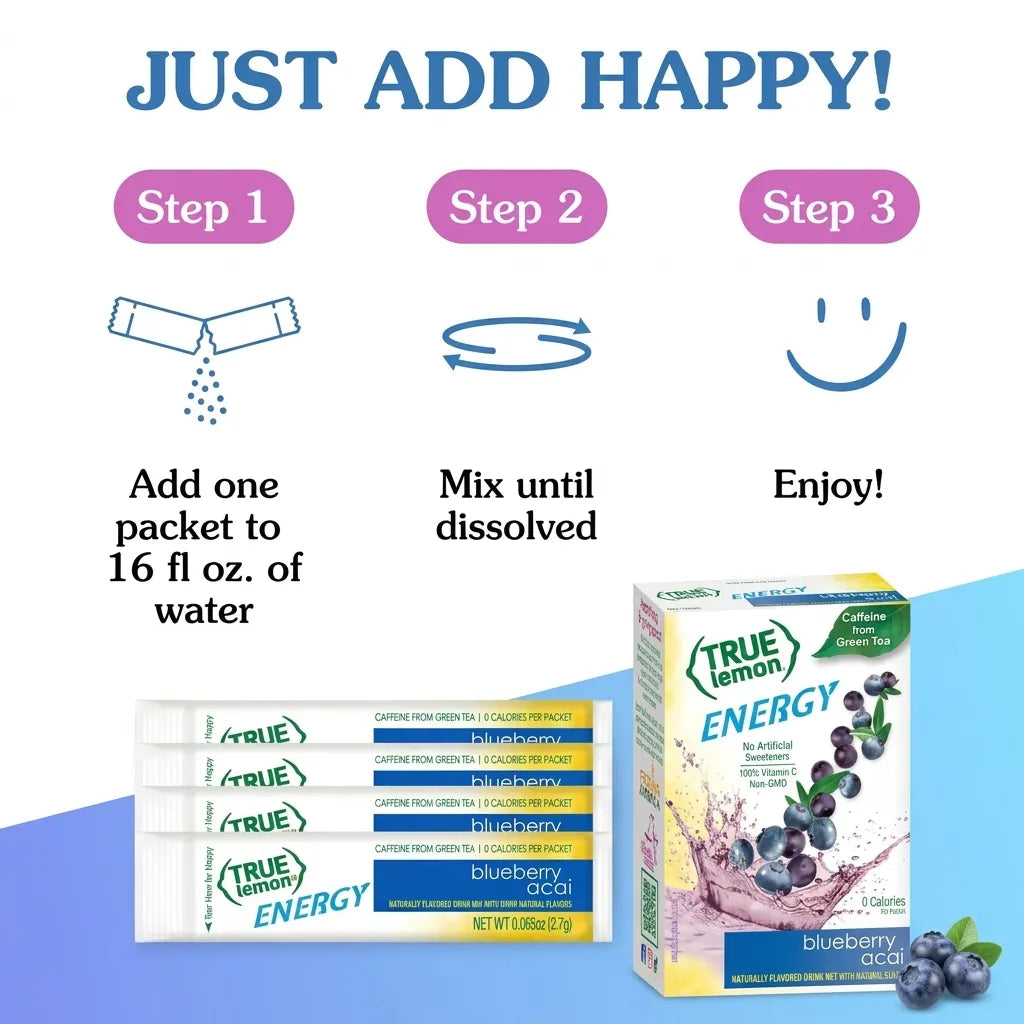 True Lemon Energy Arándano y Açaí 16.2 g | 6 Sobres | 120 mg de cafeína por porción | 90 mg de vitamina C | 0 calorías y 0 g de azúcar | Mezcla para bebida