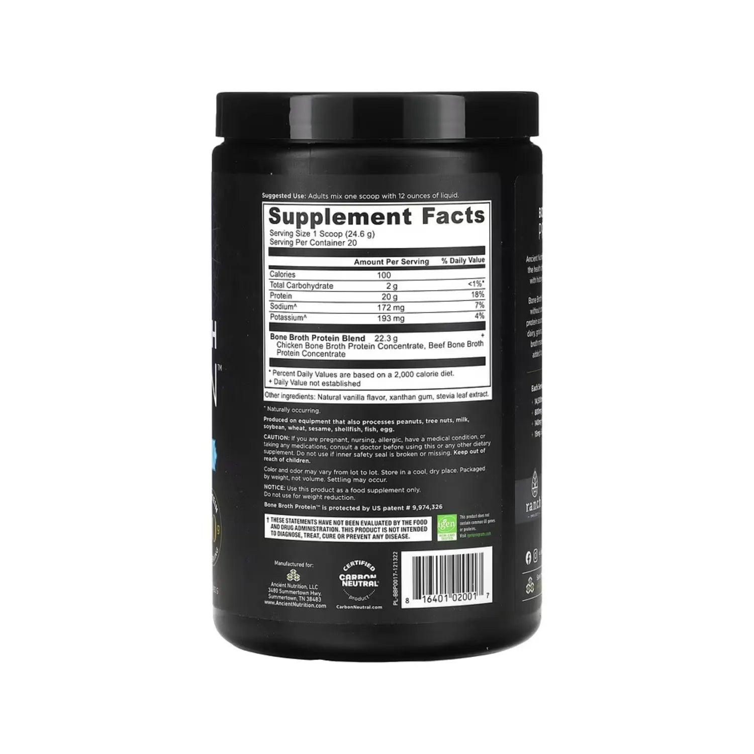 Ancient Nutrition, Bone Broth Protein, Proteína de caldo de huesos, Vainilla, 492 g (1,1 lb)