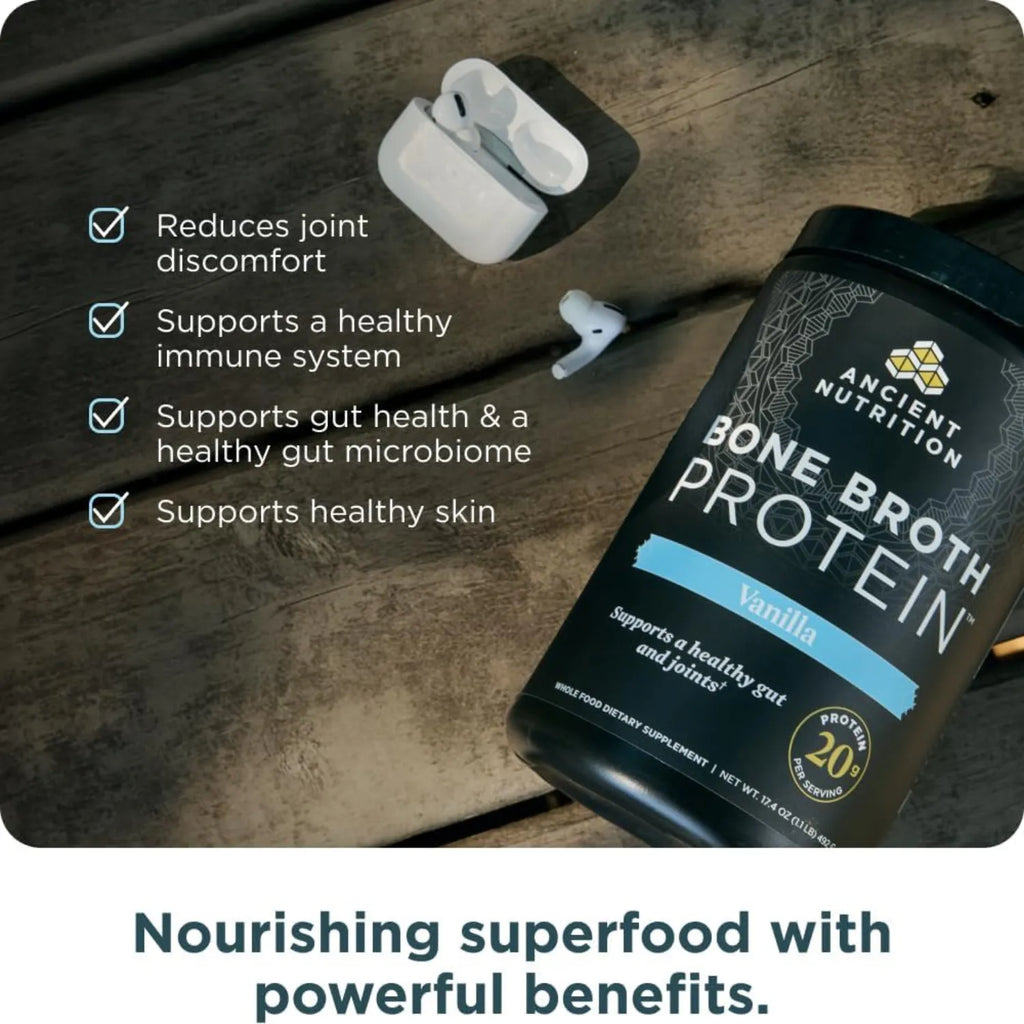 Ancient Nutrition, Bone Broth Protein, Proteína de caldo de huesos, Vainilla, 492 g (1,1 lb)