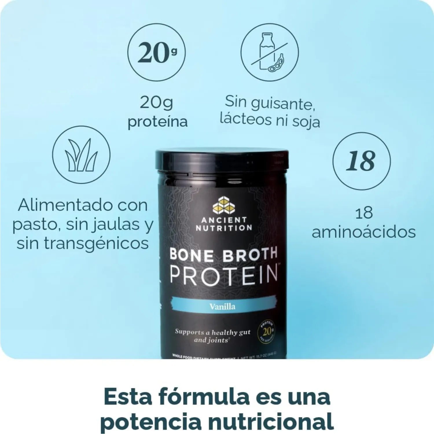 Ancient Nutrition, Bone Broth Protein, Proteína de caldo de huesos, Vainilla, 492 g (1,1 lb)