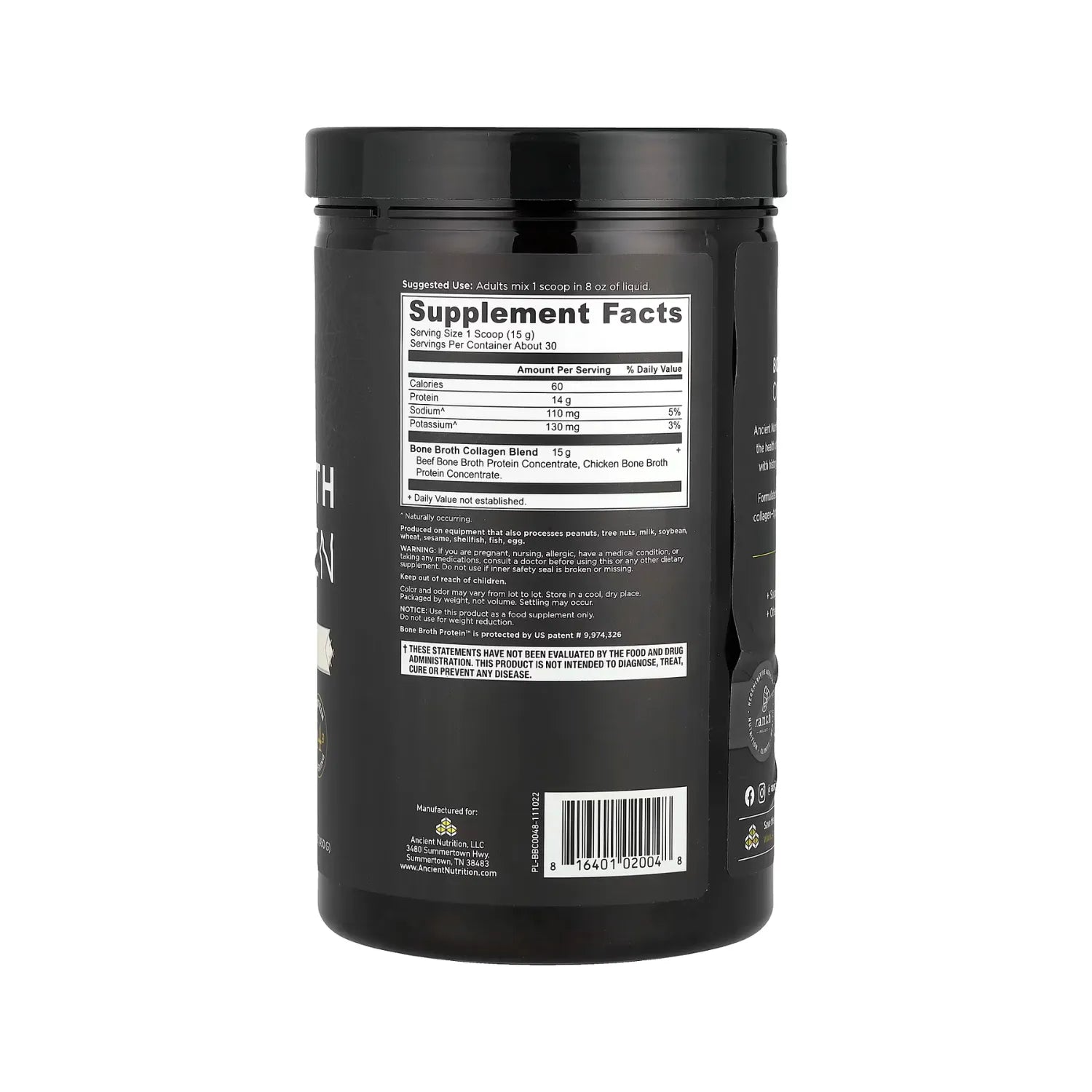 Ancient Nutrition, Bone Broth Collagen, Colágeno de caldo de huesos, Puro, 450 g (15,9 oz)