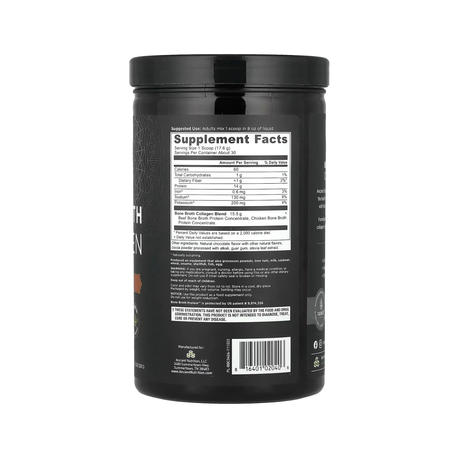 Ancient Nutrition, Colágeno de caldo de huesos, Chocolate, 528 g (1,2 lb)