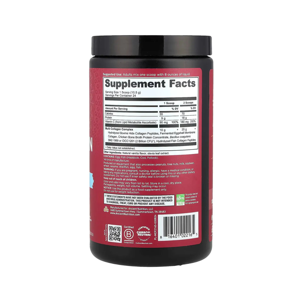 Ancient Nutrition, Proteína de múltiples colágenos, Vainilla, 252 g (8,9 oz)