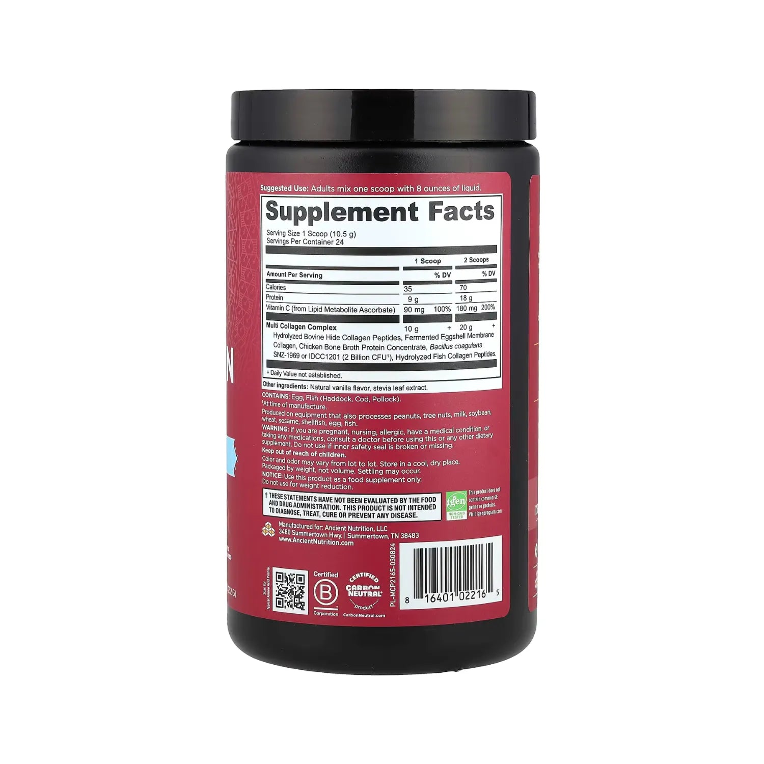Ancient Nutrition, Proteína de múltiples colágenos, Vainilla, 252 g (8,9 oz)
