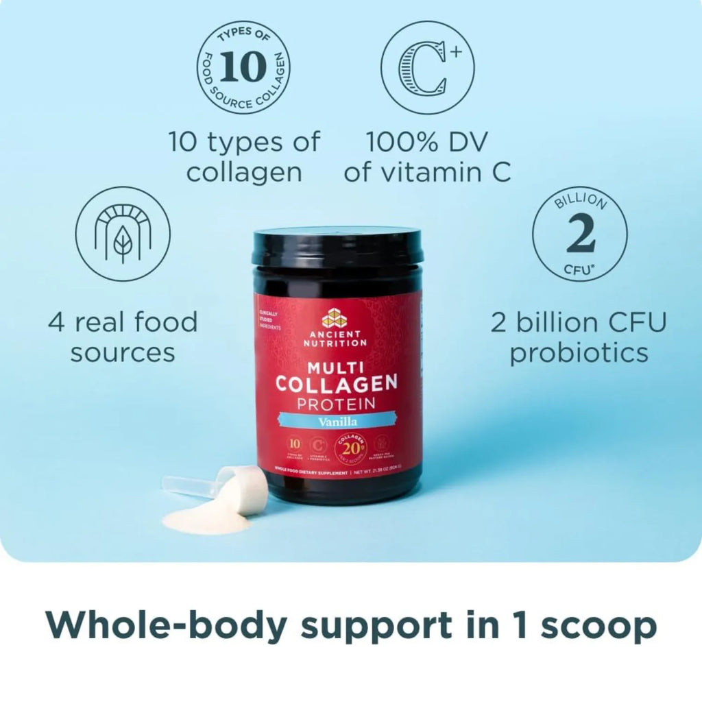 Ancient Nutrition, Proteína de múltiples colágenos, Vainilla, 252 g (8,9 oz)