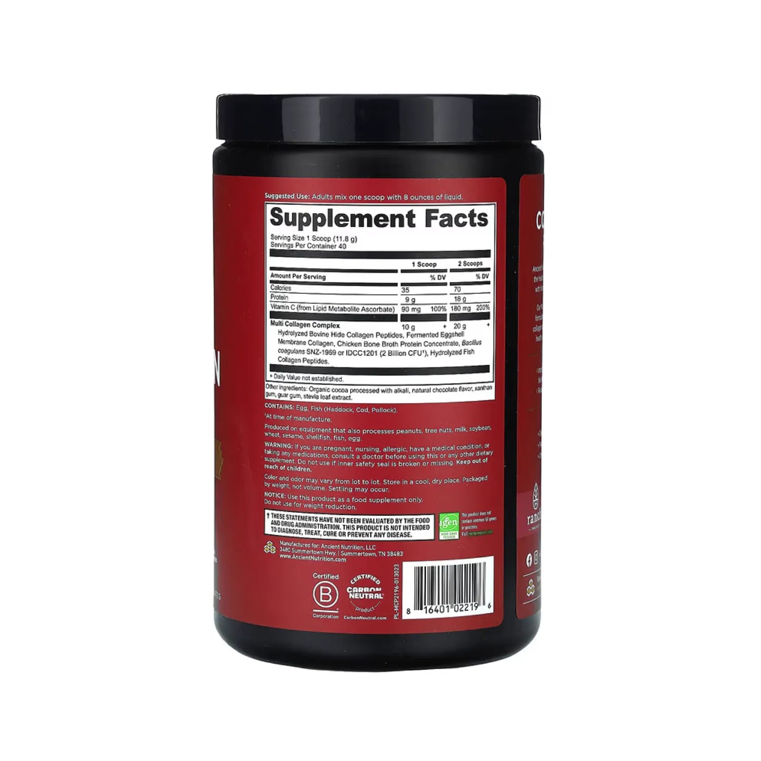Ancient Nutrition, Proteína con múltiples tipos de colágeno, Sabor Chocolate, 472 g (1,04 lb)