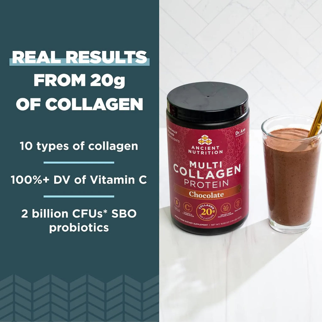 Ancient Nutrition, Proteína con múltiples tipos de colágeno, Sabor Chocolate, 472 g (1,04 lb)