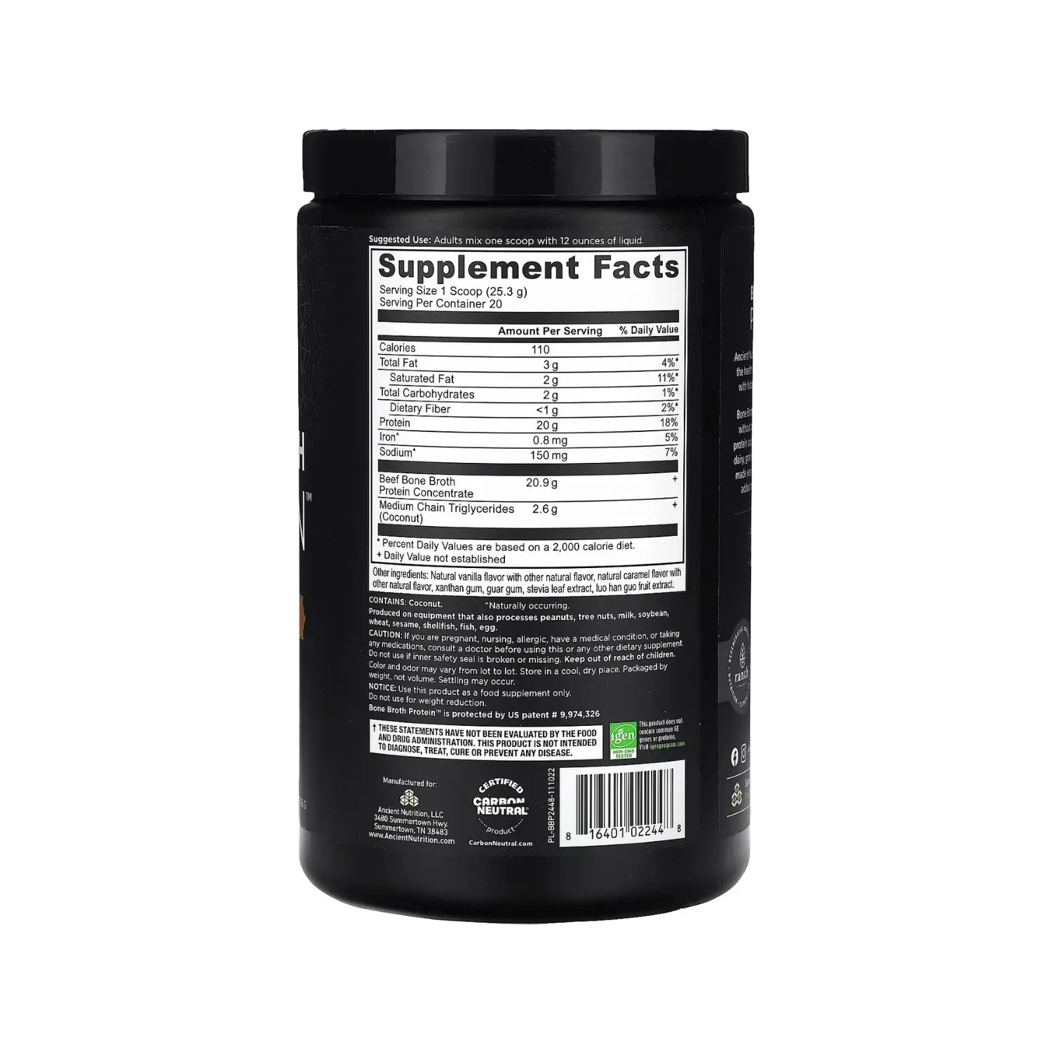 Ancient Nutrition, Proteína de caldo de huesos, Caramelo salado, 506 g (1,12 lb)