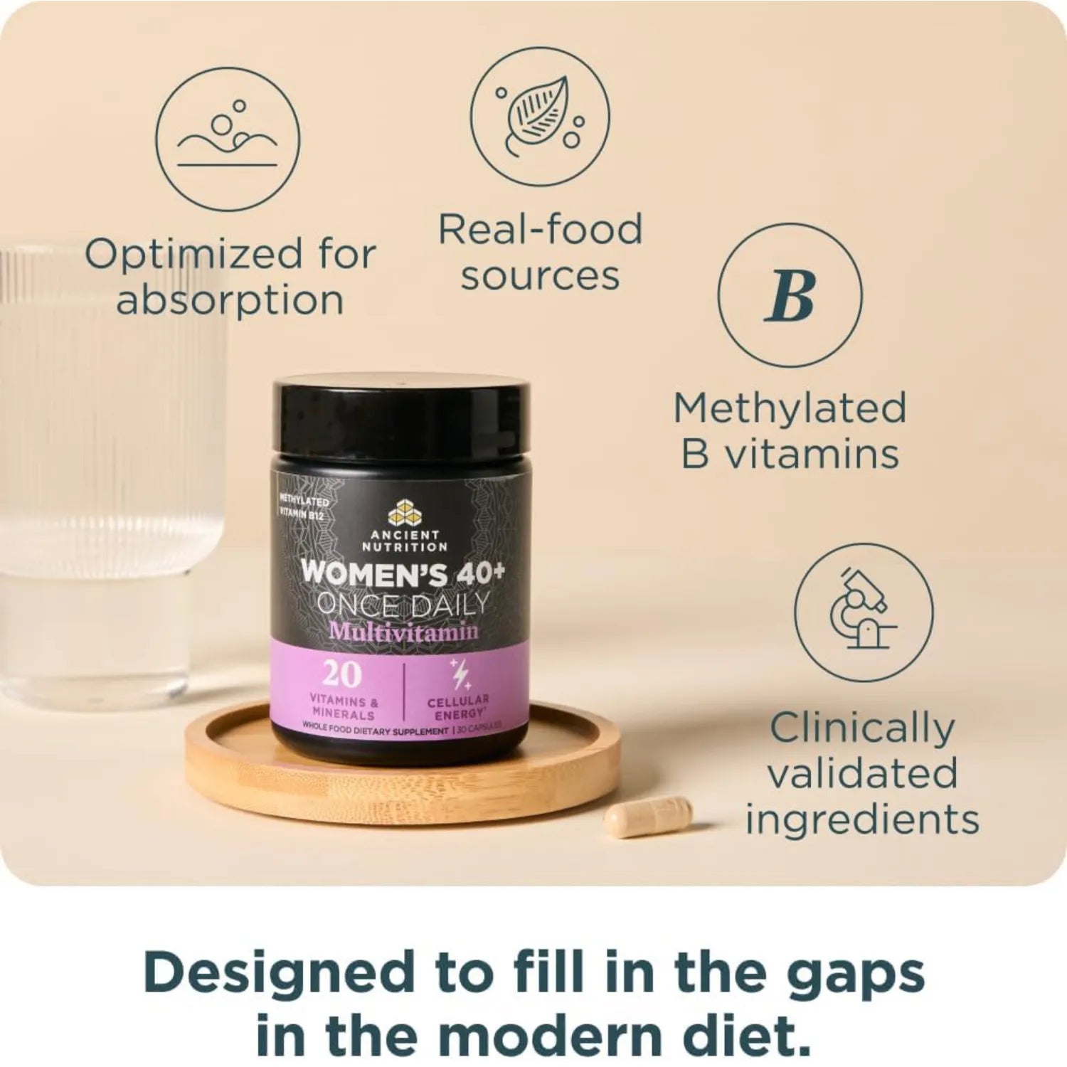 Ancient Nutrition, Suplemento multivitamínico de una ingesta diaria para mujeres mayores de 40 años, 30 cápsulas