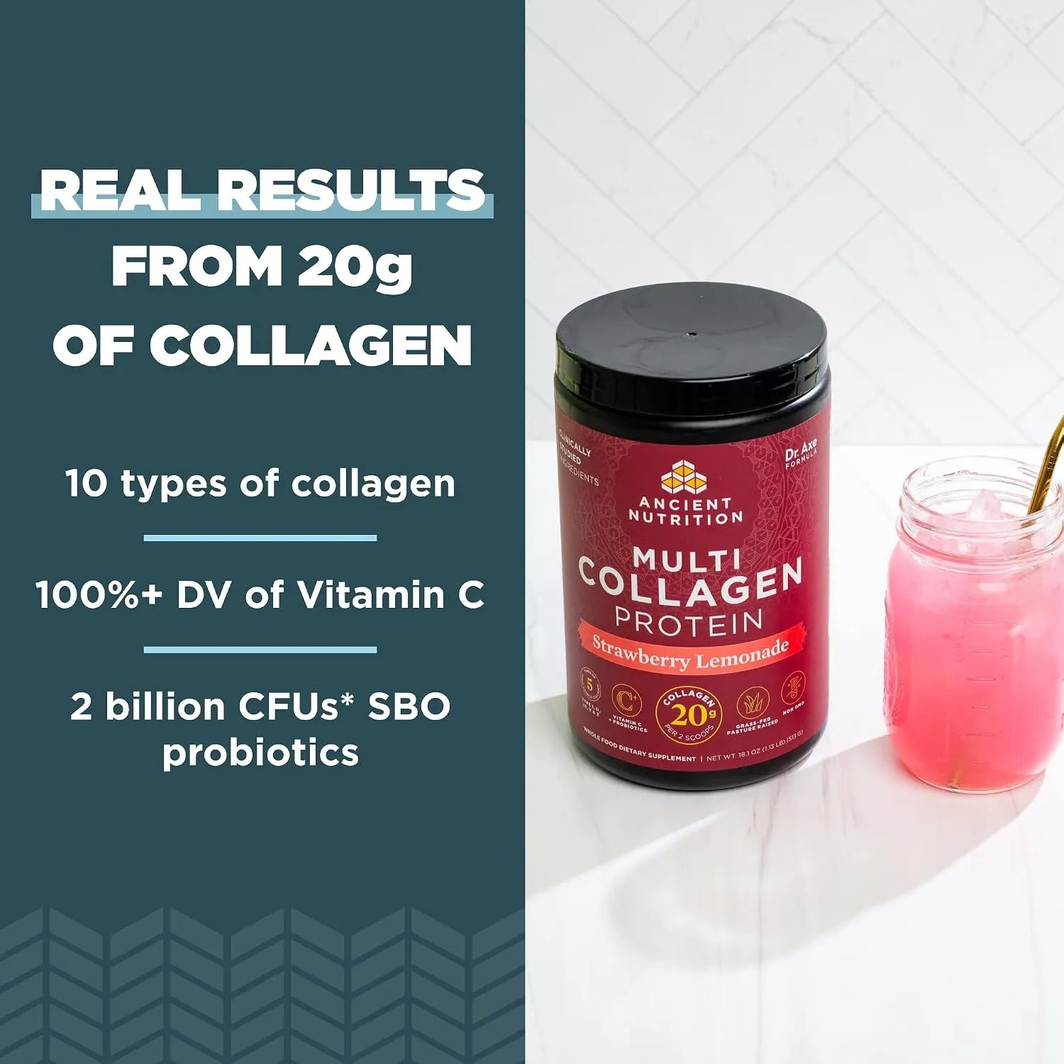 Ancient Nutrition, Proteína con múltiples tipos de colágeno, Limonada de fresa, 273,6 g (9,65 oz)