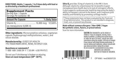 Klaire Labs Ultra K2 | 15 mg | 90 cápsulas | Vitamina K2 MK-4 | Suplemento alimenticio