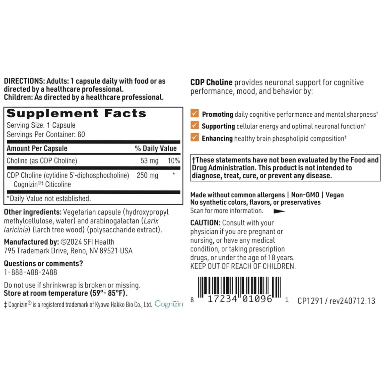 Klair Labs SFI health CDP Choline 60 caps sfn