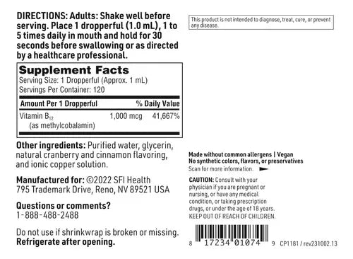 Klaire Labs Vitamin B12 Methylcobalamin | 1 mg | 4 oz | 120 mL | Suplemento alimenticio