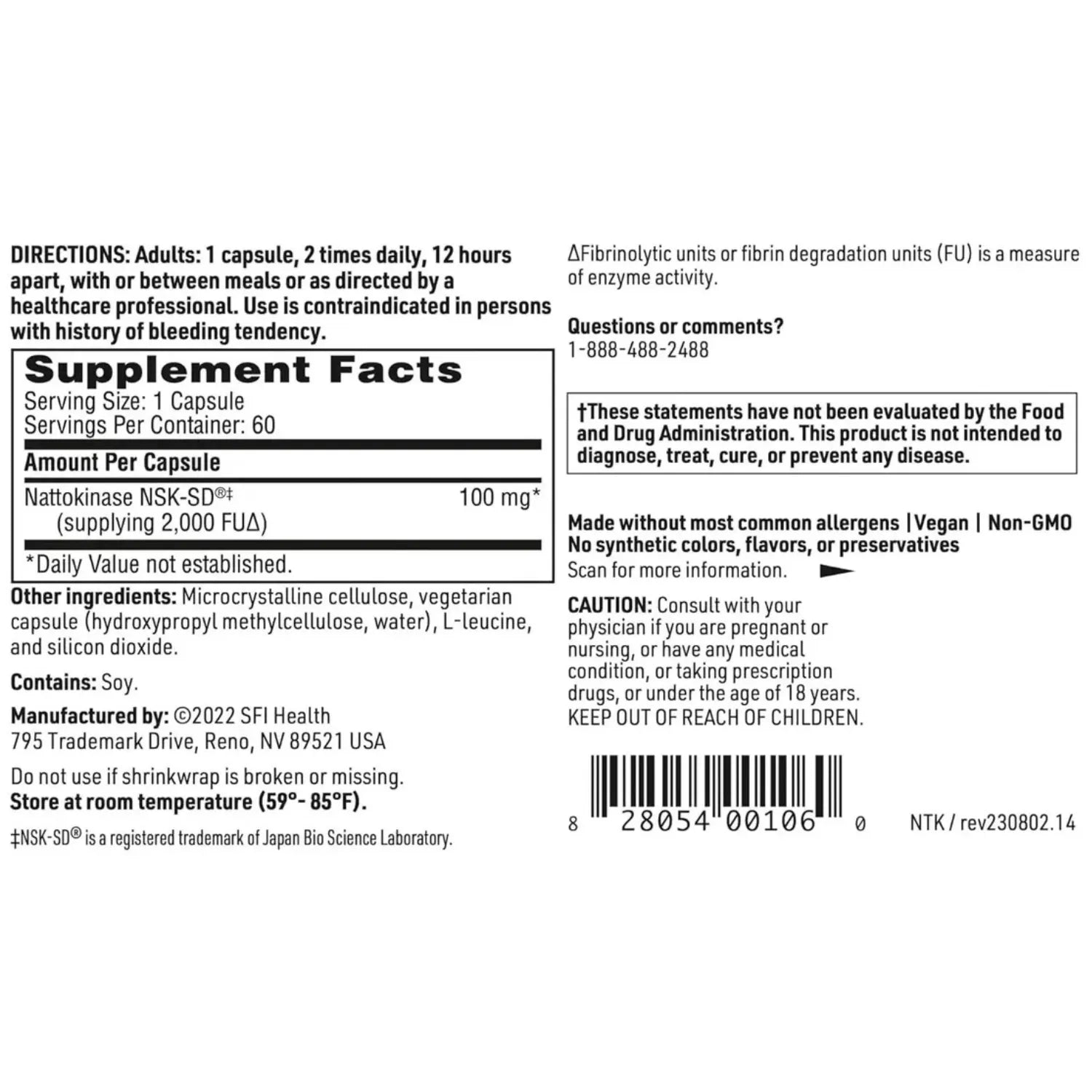 Klaire Labs Nattokinase NSK-SD 60 Capsulas Apoyo a la Circulación Sanguínea