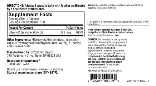 Klaire Labs Vitamin D3 | 5000 IU | 100 cápsulas | Suplemento alimenticio