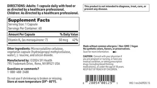 Klaire Labs Vitamin K2 | 60 cápsulas | Menaquinona-7 MK-7 | Suplemento alimenticio
