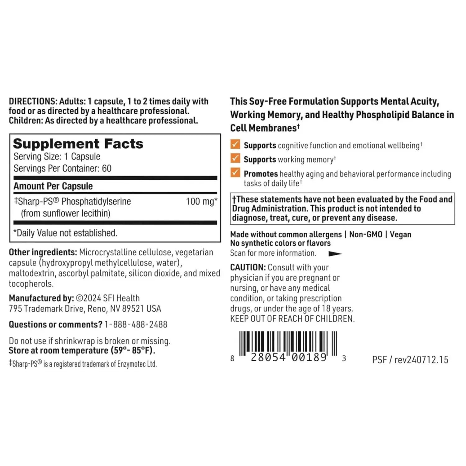 Klaire Labs Phosphatidyl Serine/SeraBella 60 Capsulas Apoyo Cereblar