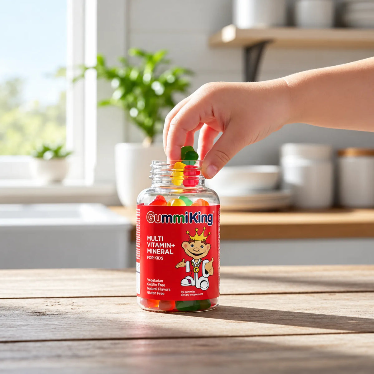 GummiKing Multivitamínico Sin Azúcar para Niños 60 Gomitas | Apoyo nutricional diario | Con vitaminas A, C, D, E y complejo B | Sin azúcar, gelatina ni gluten | Sabores naturales de frutas | Suplemento alimenticio