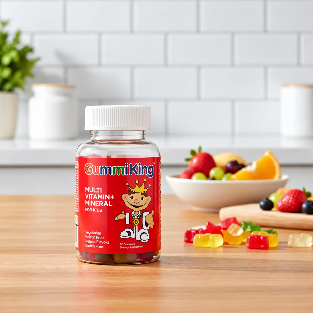 GummiKing Multivitamínico Sin Azúcar para Niños 60 Gomitas | Apoyo nutricional diario | Con vitaminas A, C, D, E y complejo B | Sin azúcar, gelatina ni gluten | Sabores naturales de frutas | Suplemento alimenticio