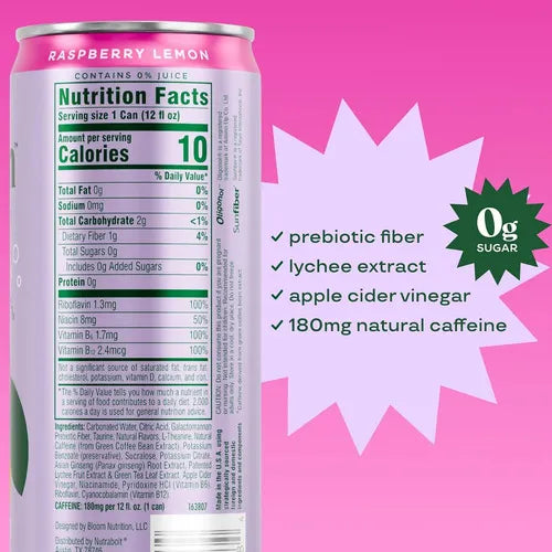 Bloom Sparkling Energy Raspberry Lemon | 12 latas de 12 oz (355 ml) | Bebida energizante con cafeína y prebióticos | Sin azúcar