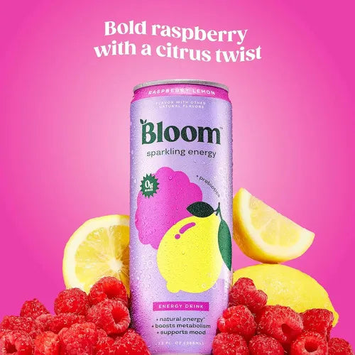 Bloom Sparkling Energy Raspberry Lemon | 12 latas de 12 oz (355 ml) | Bebida energizante con cafeína y prebióticos | Sin azúcar