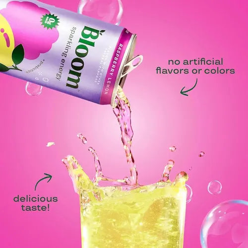Bloom Sparkling Energy Raspberry Lemon | 12 latas de 12 oz (355 ml) | Bebida energizante con cafeína y prebióticos | Sin azúcar