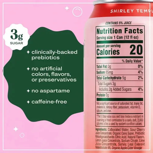 BLOOM NUTRITION | Bloom Pop Shirley Temple Refresco Prebiótico Sabor Cereza y Limón | 12 Latas de 355 ml | Apoyo Digestivo y Bienestar Intestinal