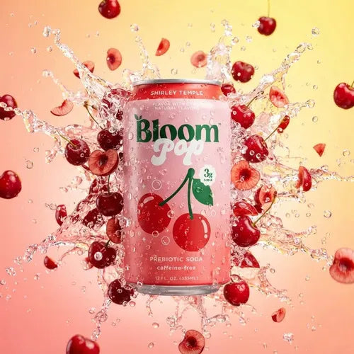 BLOOM NUTRITION | Bloom Pop Shirley Temple Refresco Prebiótico Sabor Cereza y Limón | 12 Latas de 355 ml | Apoyo Digestivo y Bienestar Intestinal