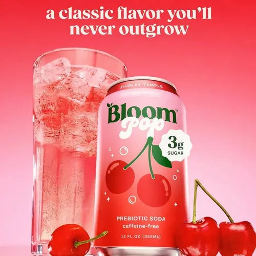 BLOOM NUTRITION | Bloom Pop Shirley Temple Refresco Prebiótico Sabor Cereza y Limón | 12 Latas de 355 ml | Apoyo Digestivo y Bienestar Intestinal