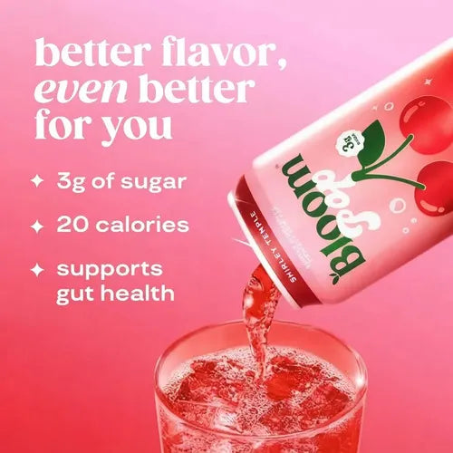 BLOOM NUTRITION | Bloom Pop Shirley Temple Refresco Prebiótico Sabor Cereza y Limón | 12 Latas de 355 ml | Apoyo Digestivo y Bienestar Intestinal