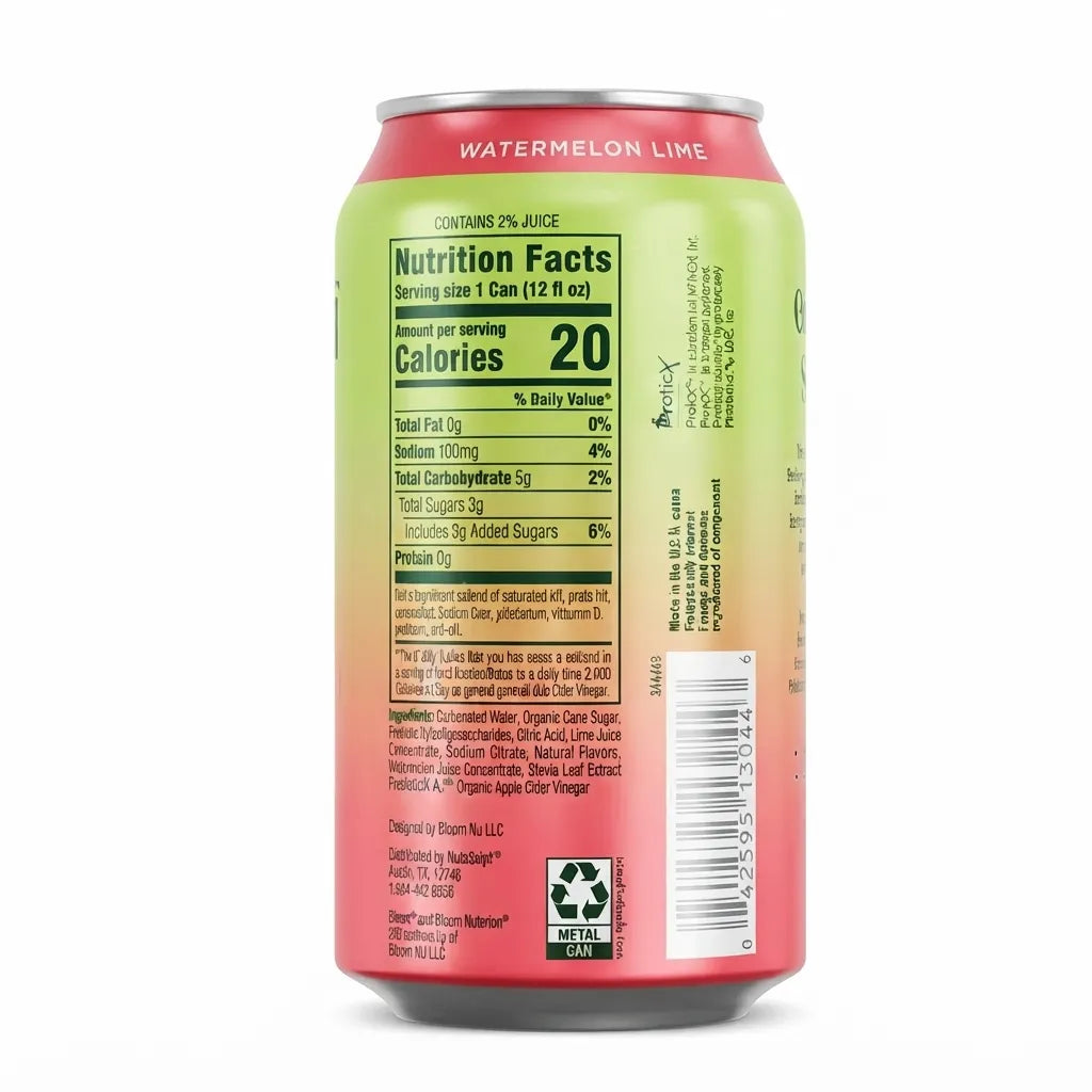 Bloom Pop Watermelon Lime 355 ml | Pack de 12 Latas  | Refresco Prebiótico Sabor Sandía y Limón | Sin Cafeína