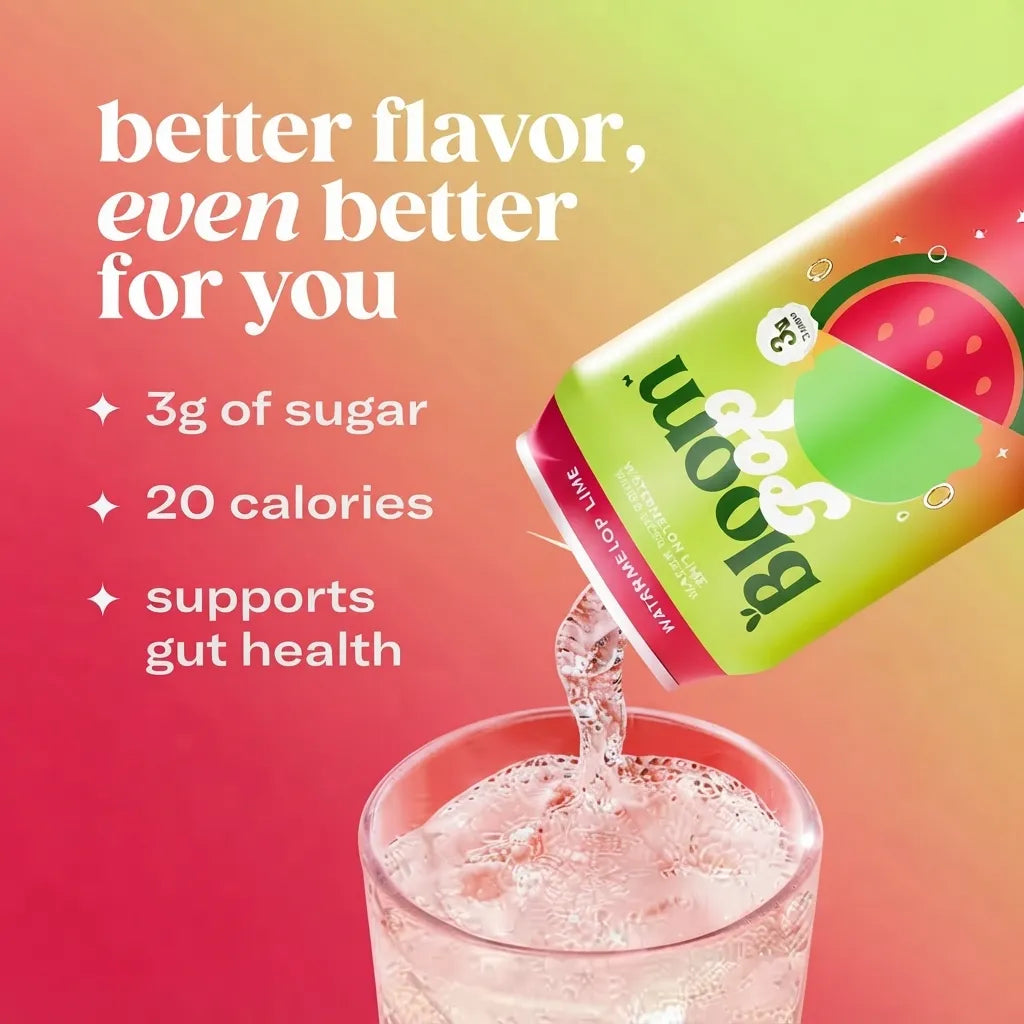 Bloom Pop Watermelon Lime 355 ml | Pack de 12 Latas  | Refresco Prebiótico Sabor Sandía y Limón | Sin Cafeína
