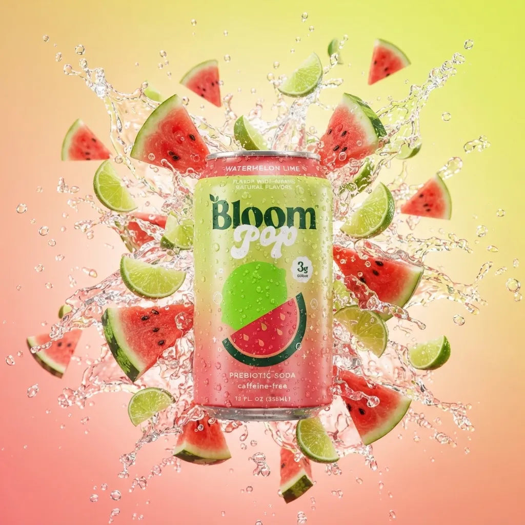Bloom Pop Watermelon Lime 355 ml | Pack de 12 Latas  | Refresco Prebiótico Sabor Sandía y Limón | Sin Cafeína