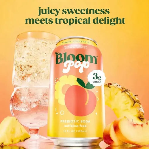 BLOOM NUTRITION | Bloom Pop Peach Pineapple Refresco Prebiótico Sabor Durazno y Piña | 12 Latas de 355 ml | Apoyo Digestivo y Bienestar Intestinal