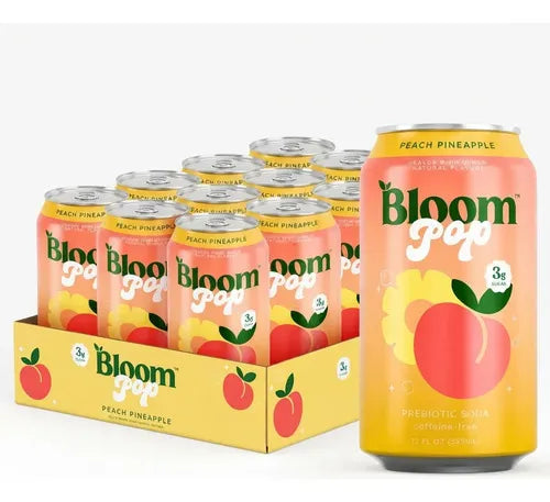 BLOOM NUTRITION | Bloom Pop Peach Pineapple Refresco Prebiótico Sabor Durazno y Piña | 12 Latas de 355 ml | Apoyo Digestivo y Bienestar Intestinal