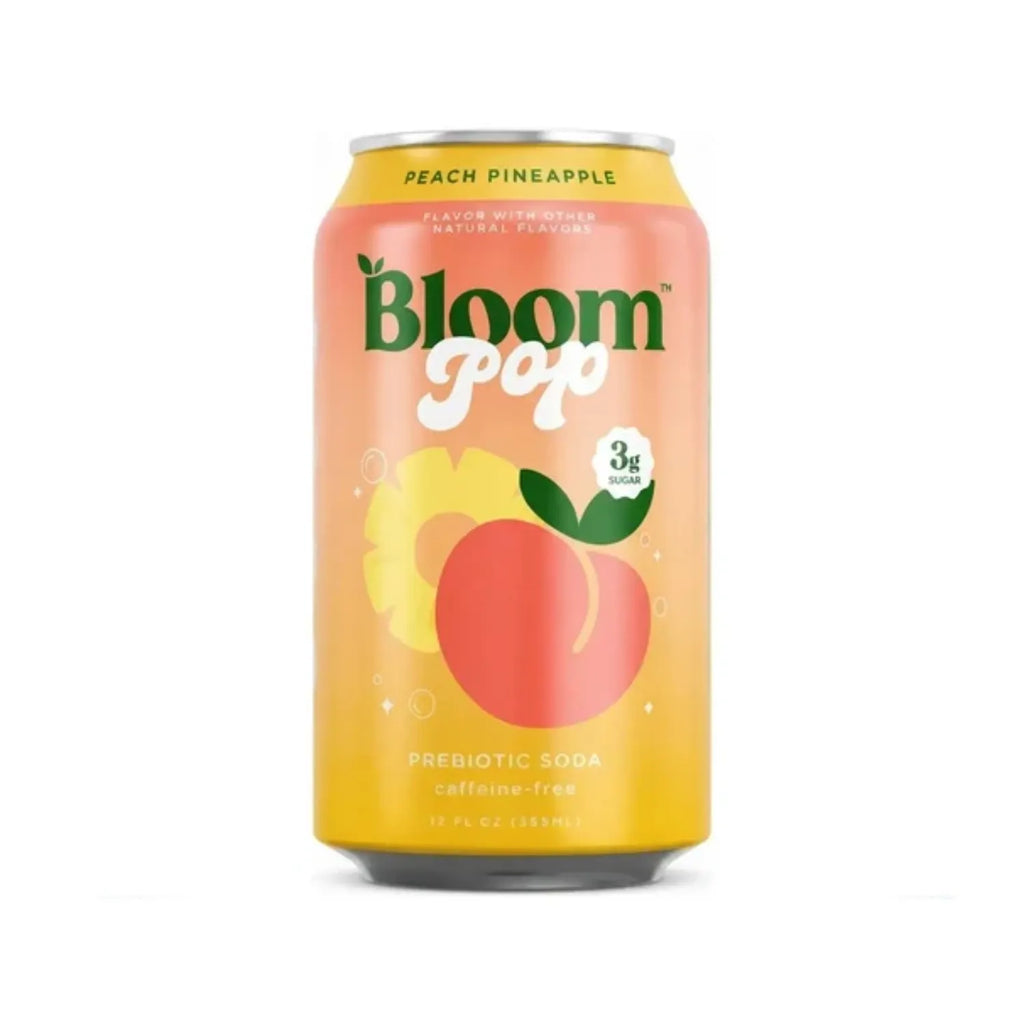 BLOOM NUTRITION | Bloom Pop Peach Pineapple Refresco Prebiótico Sabor Durazno y Piña | 12 Latas de 355 ml | Apoyo Digestivo y Bienestar Intestinal