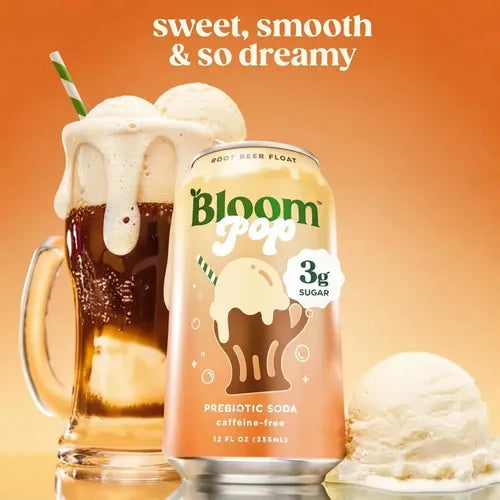 BLOOM NUTRITION | Bloom Pop Root Beer Float Refresco Prebiótico Sabor Cerveza de Raíz y Vainilla | 12 Latas de 355 ml | Apoyo Digestivo y Bienestar Intestinal