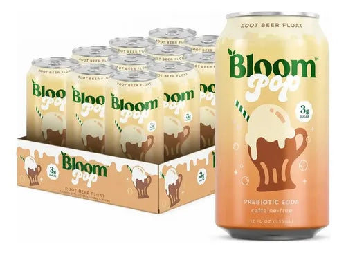 BLOOM NUTRITION | Bloom Pop Root Beer Float Refresco Prebiótico Sabor Cerveza de Raíz y Vainilla | 12 Latas de 355 ml | Apoyo Digestivo y Bienestar Intestinal