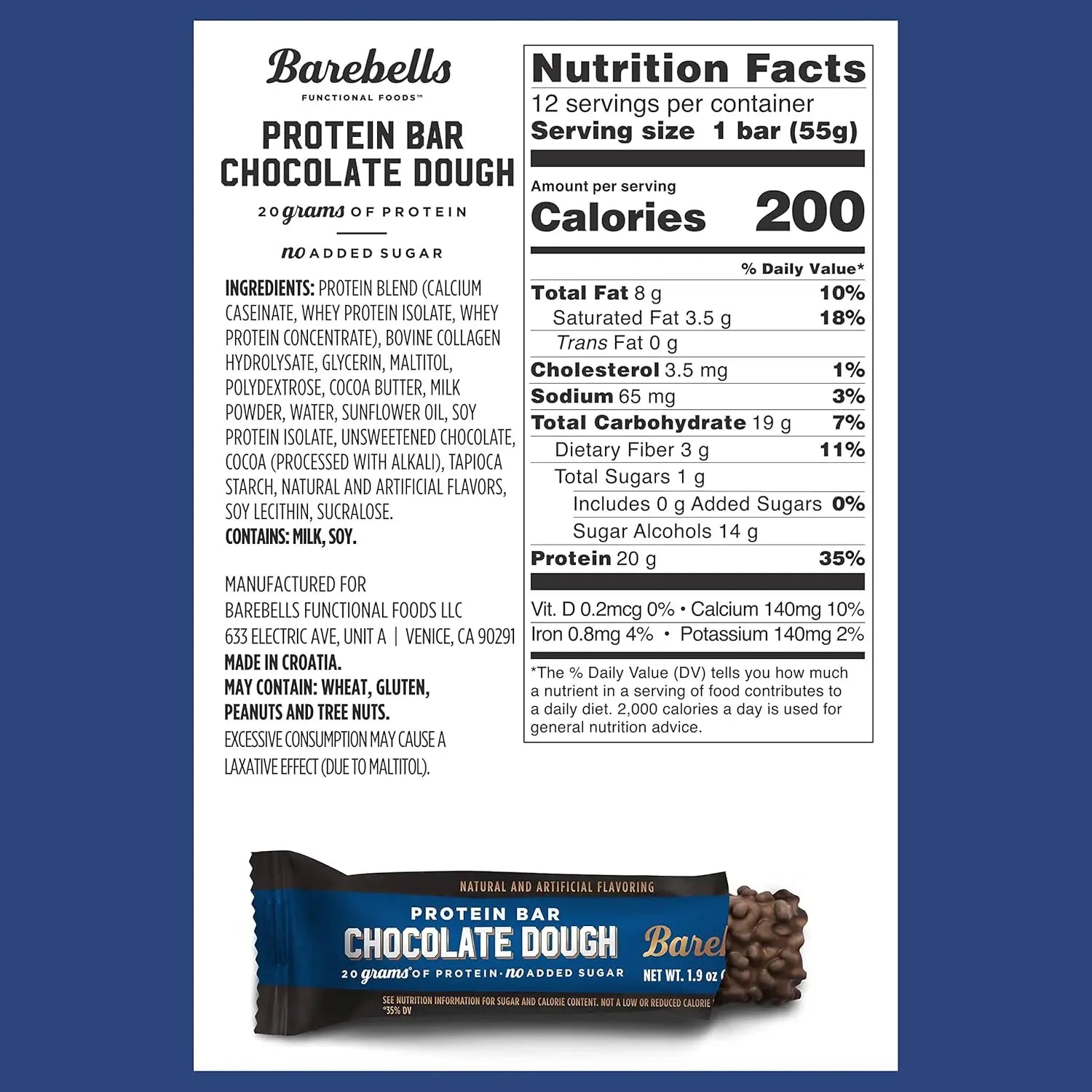 BAREBELLS PROTEINA BARRA 12PZS DE 55gFR SFN CHOCOLATE DOUGH