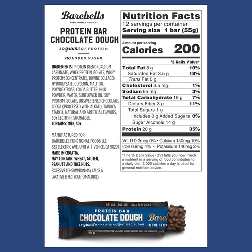 BAREBELLS PROTEINA BARRA 12PZS DE 55gFR SFN CHOCOLATE DOUGH
